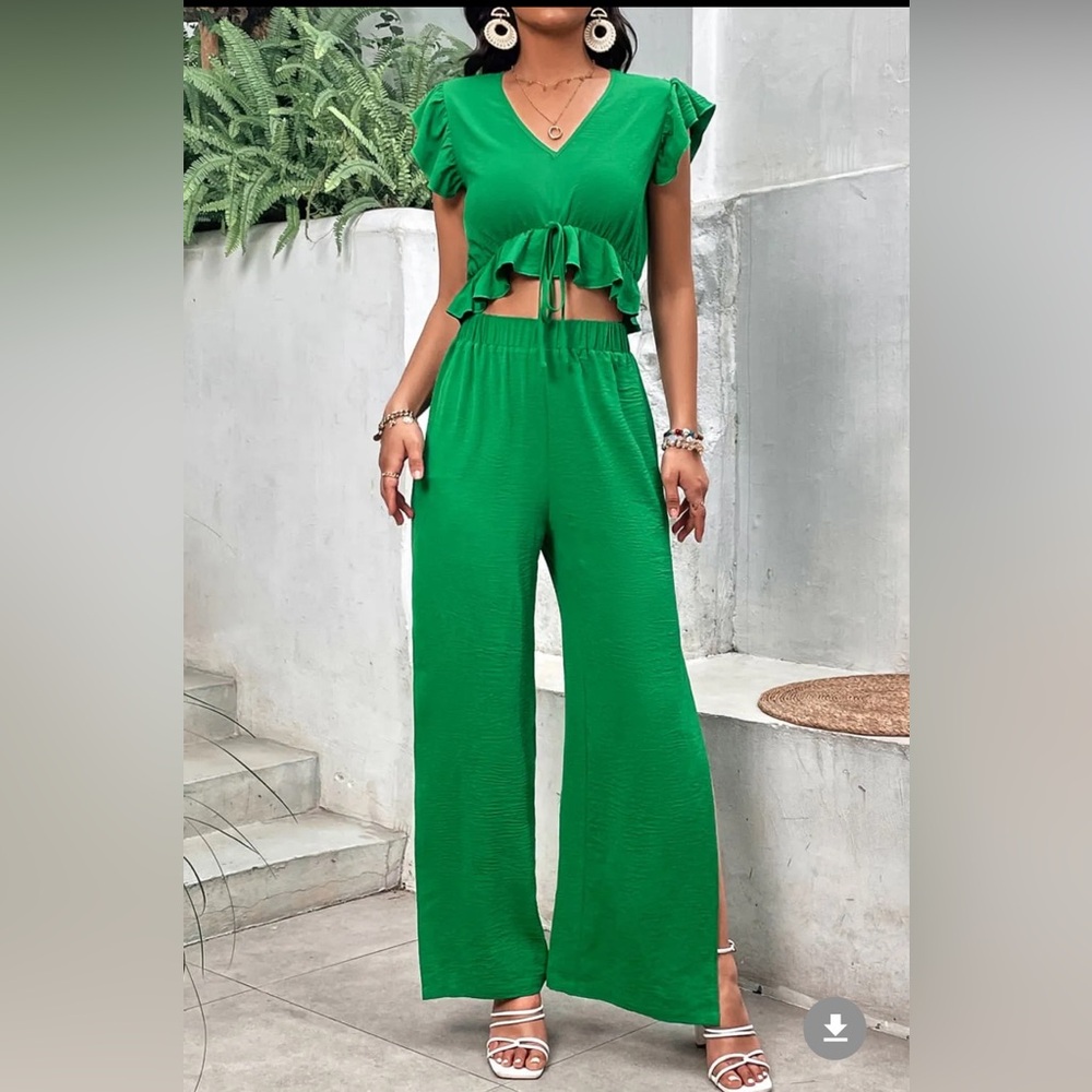 Honey V-Neck Ruffle Hem Top and Slit Pants Set